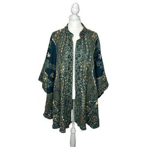 Paper + Lace Embroidered Paisley Boho Poncho in Teal & Gold, Free Size.
